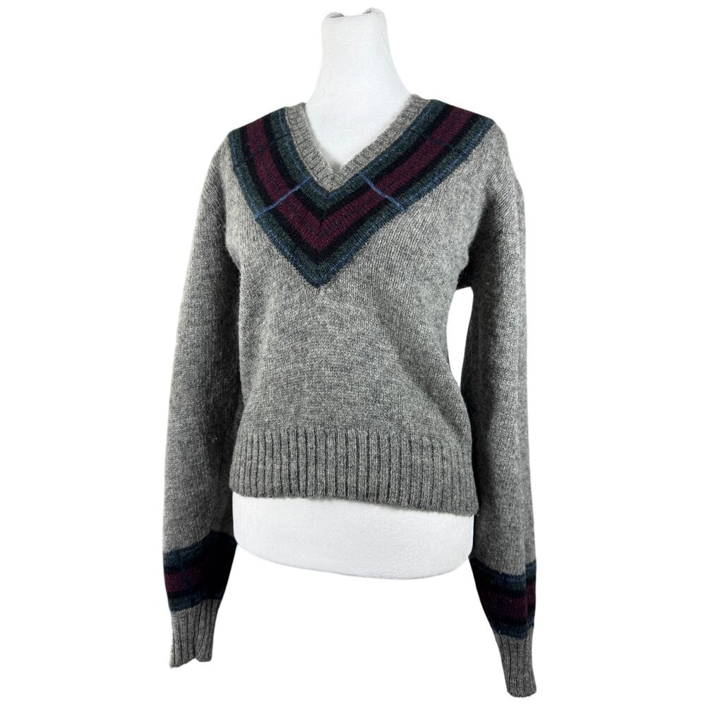 Vintage ‘70s Ralph Lauren 100% Wool Gray Striped V-Neck Pullover Sweater